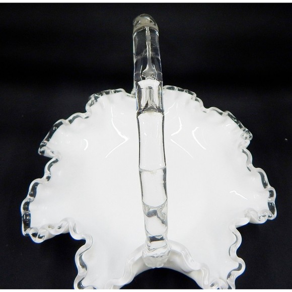 Fenton Silver Crest Milk Glass Basket Ruffled Handle White Clear - Picture 6 of 10